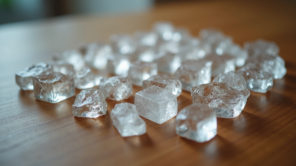 Close-up view of a crystal grid arranged on a wooden table