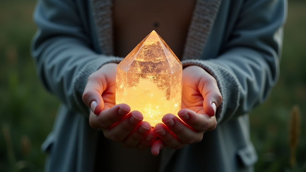 Close-up view of hands holding a glowing crystal in nature