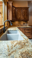 Granite kitchen countertop, white double sink, and rustic wood cabinets.