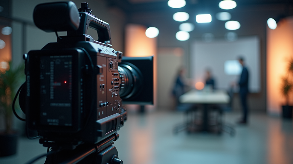 Eye-level view of a professional video camera setup in a corporate studio