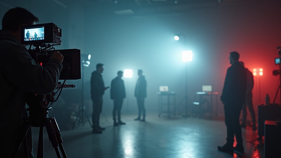 Wide angle view of TV commercial filming set with lighting and camera equipment