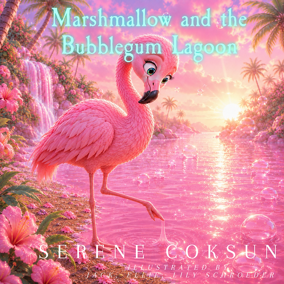Marshmallow and the Bubblegum Lagoon book cover by Serene Goksun.