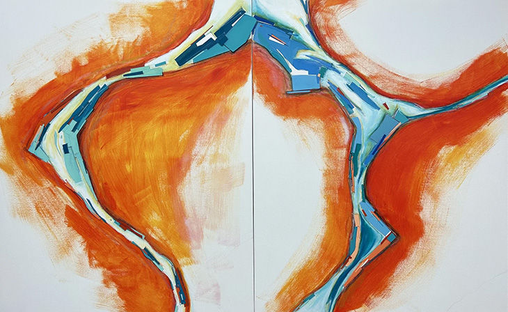 Tiffany Heng-Hui Lee, “Echoes of Colorado River,” 2025, mixed media paper collage on canvas, 30 x 48”.