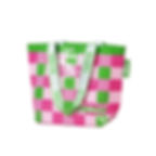 תיק קניות ורוד וירוק משובץ עם מילים על הרצועות. BELL BEAUTY.