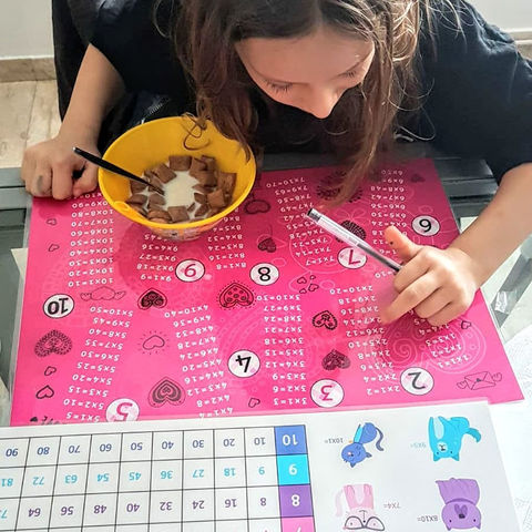 ילדה מכגינה שיעורי בית בחשבון בעזרת לוח הכפל