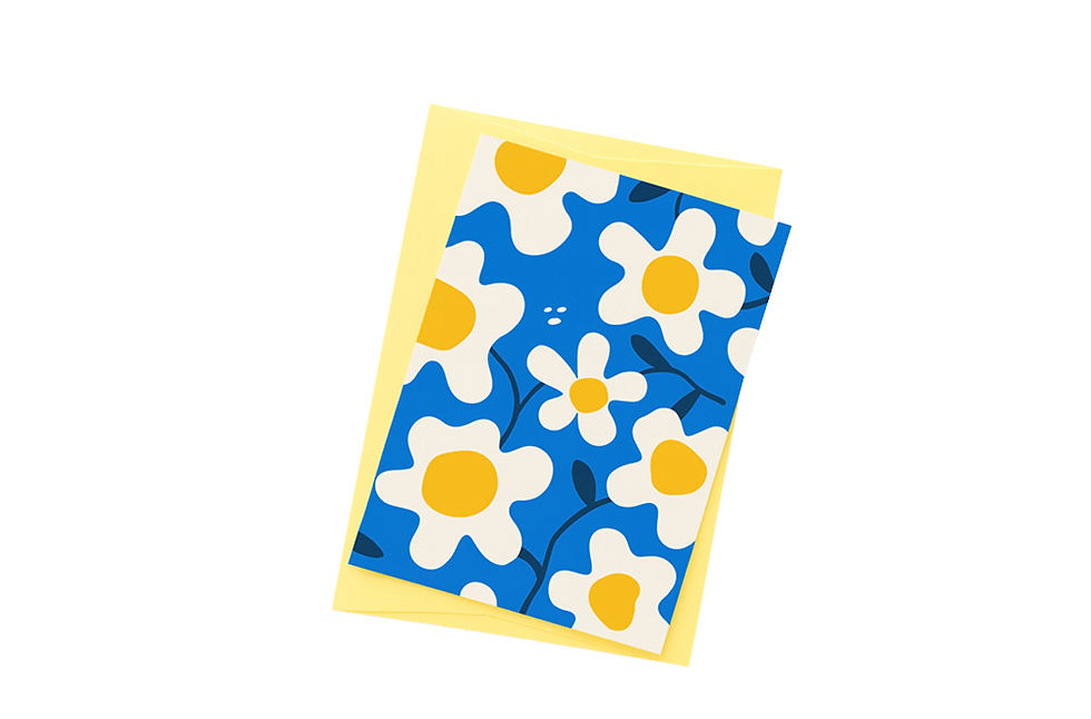 כרטיס ברכה מעוצב - פרחי קמומיל על רקע כחול