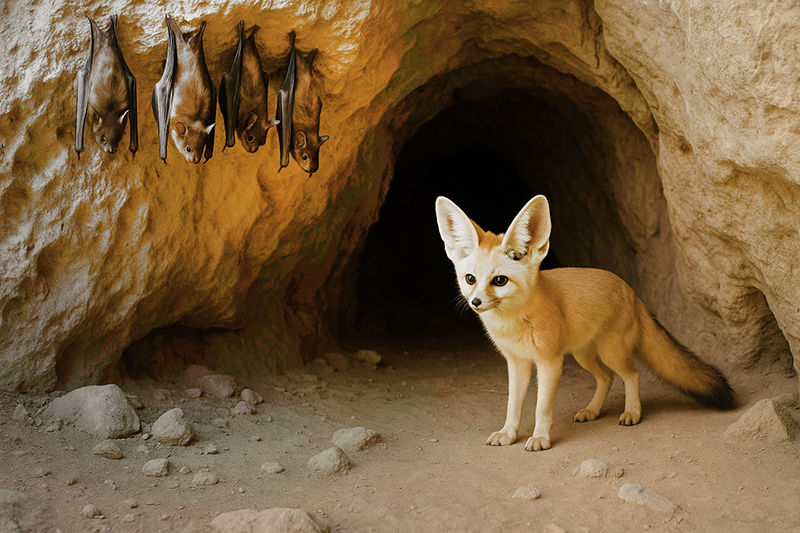 Fennec fox stands alert in a cave entrance, while four bats hang upside down. Warm light and rocky textures create a serene desert scene.