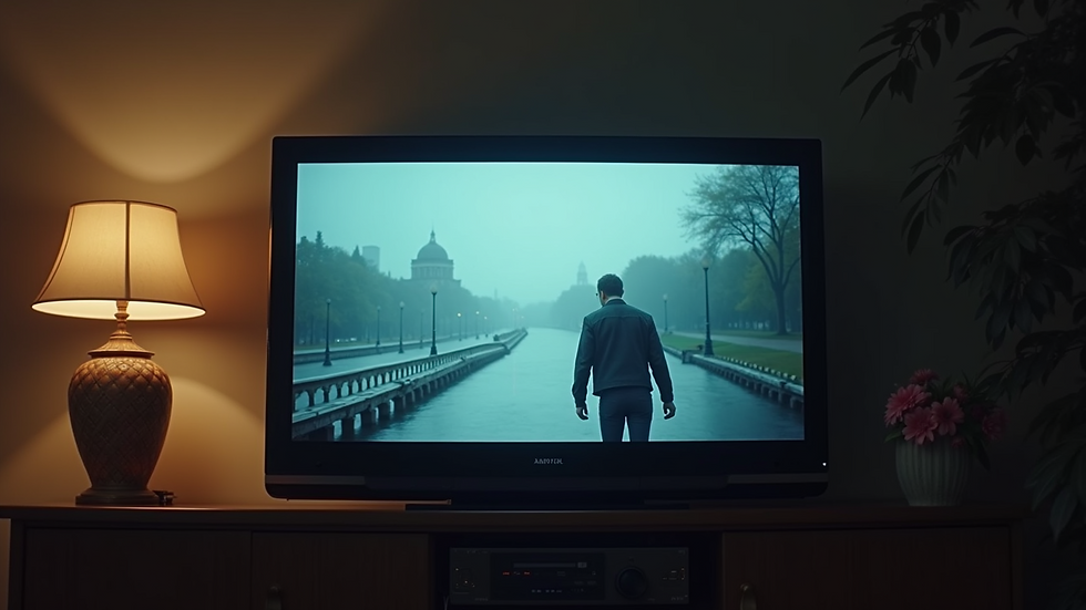 High angle view of a TV screen showing an English movie