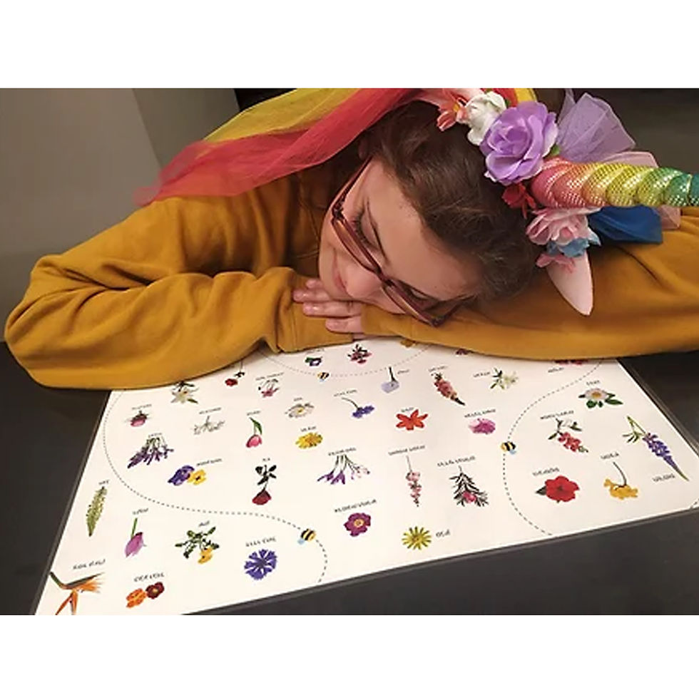 תמונה ממוזערת: ילדה מסתכלת על פלייסמט פרחים