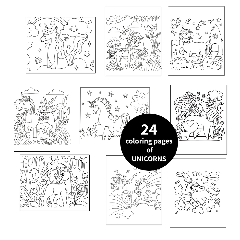 תמונה ממוזערת: 24 coloring pages of UNICORNS. Illustrations of unicorns in different scenes. Mokile Art