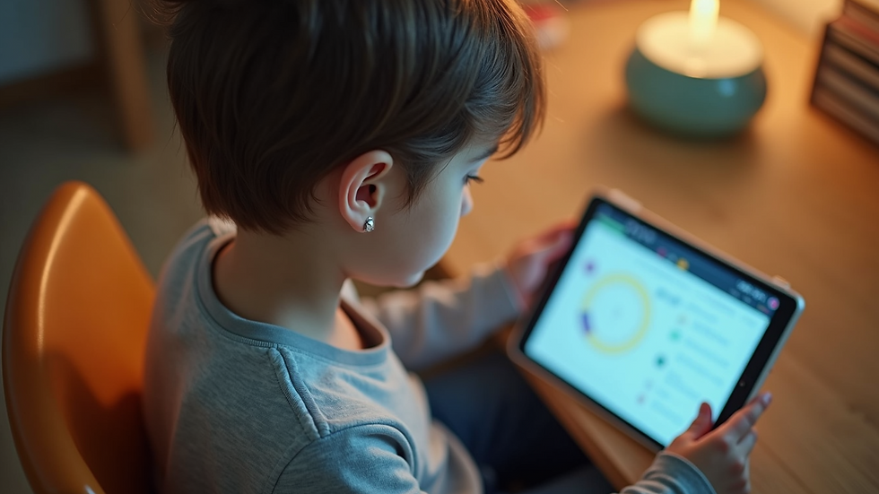 High angle view of a child using a tablet for learning English