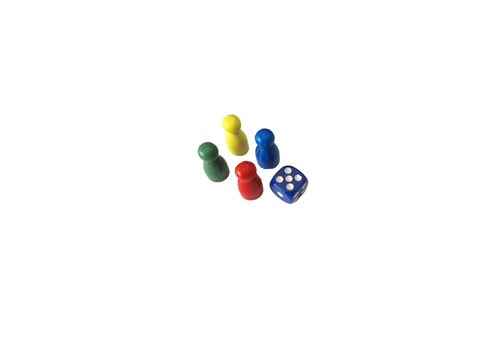 Four colored game pieces with a blue dice on white background. Mokile Art
