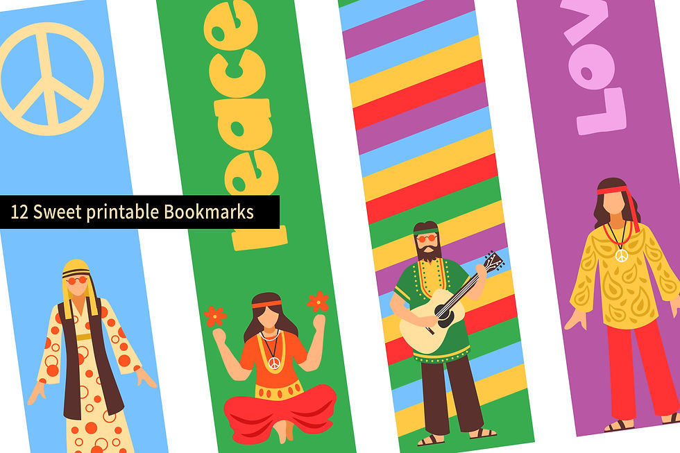 תמונה ממוזערת: Peace, printable bookmarks with a man playing guitar and a woman, Mokile Art