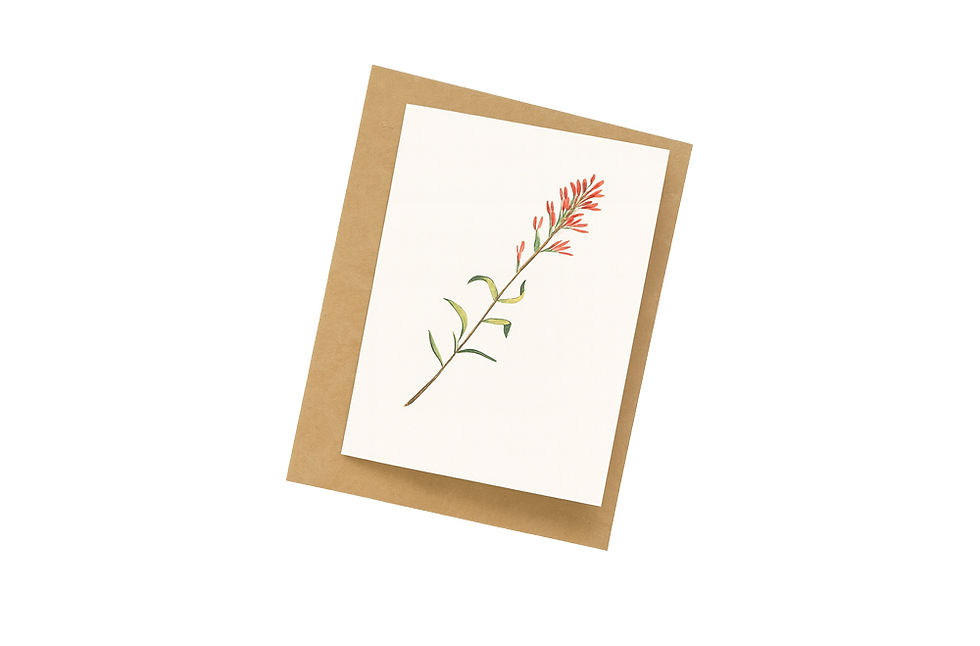 A floral illustration on a white card, with a brown envelope, Mokile Art