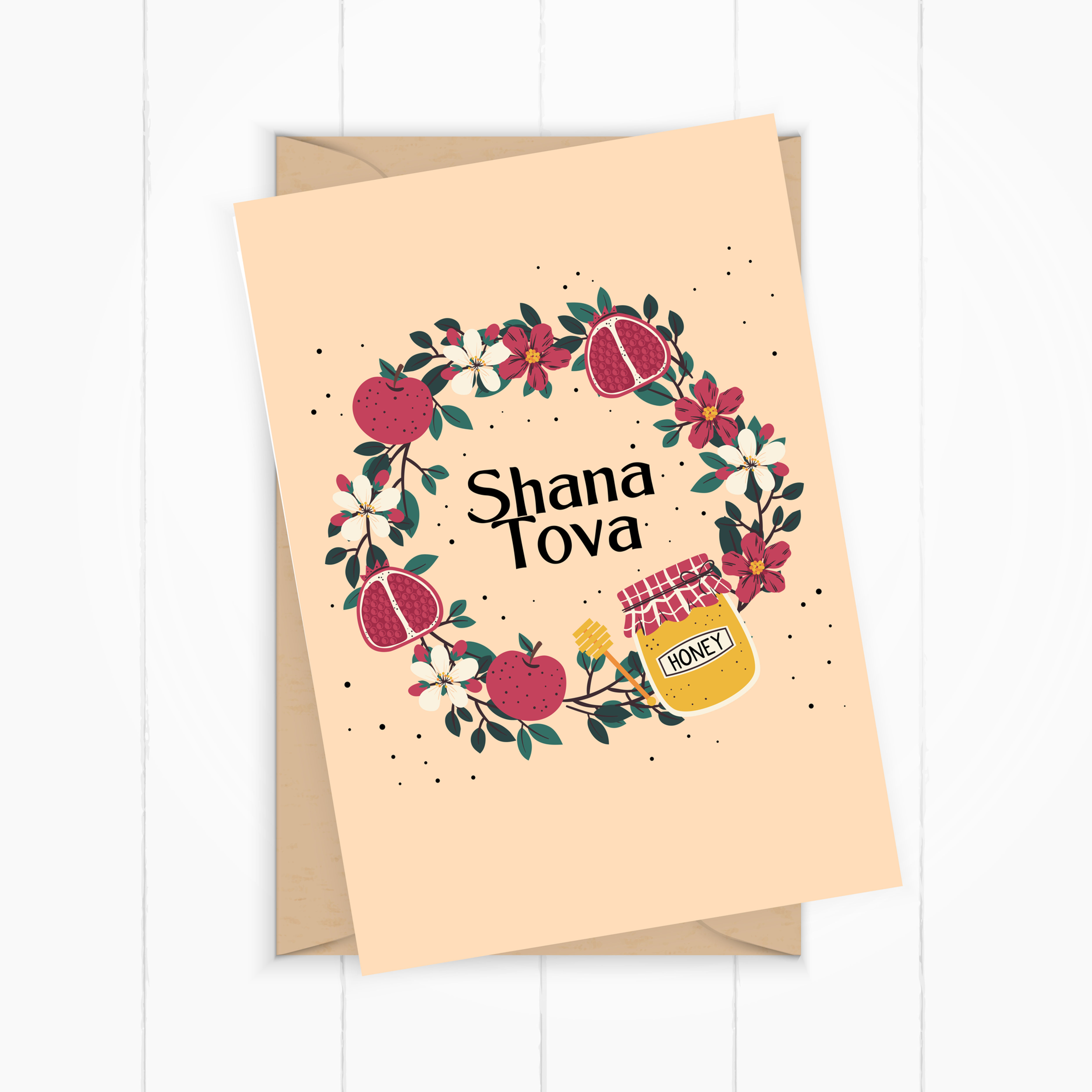 Shana Tova greeting card with floral design and honey, Mokile Art.