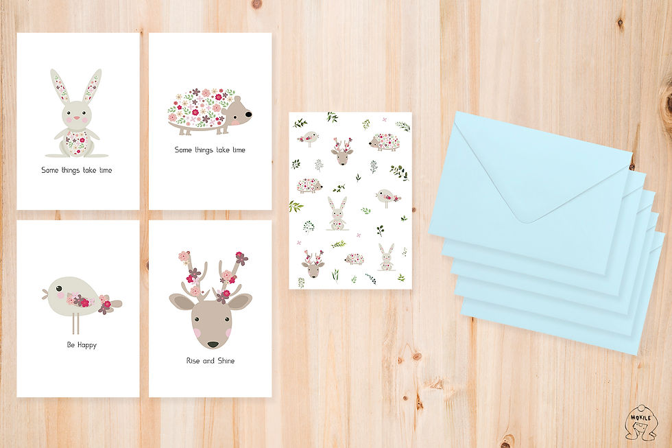 Cute animal cards and matching envelope set.