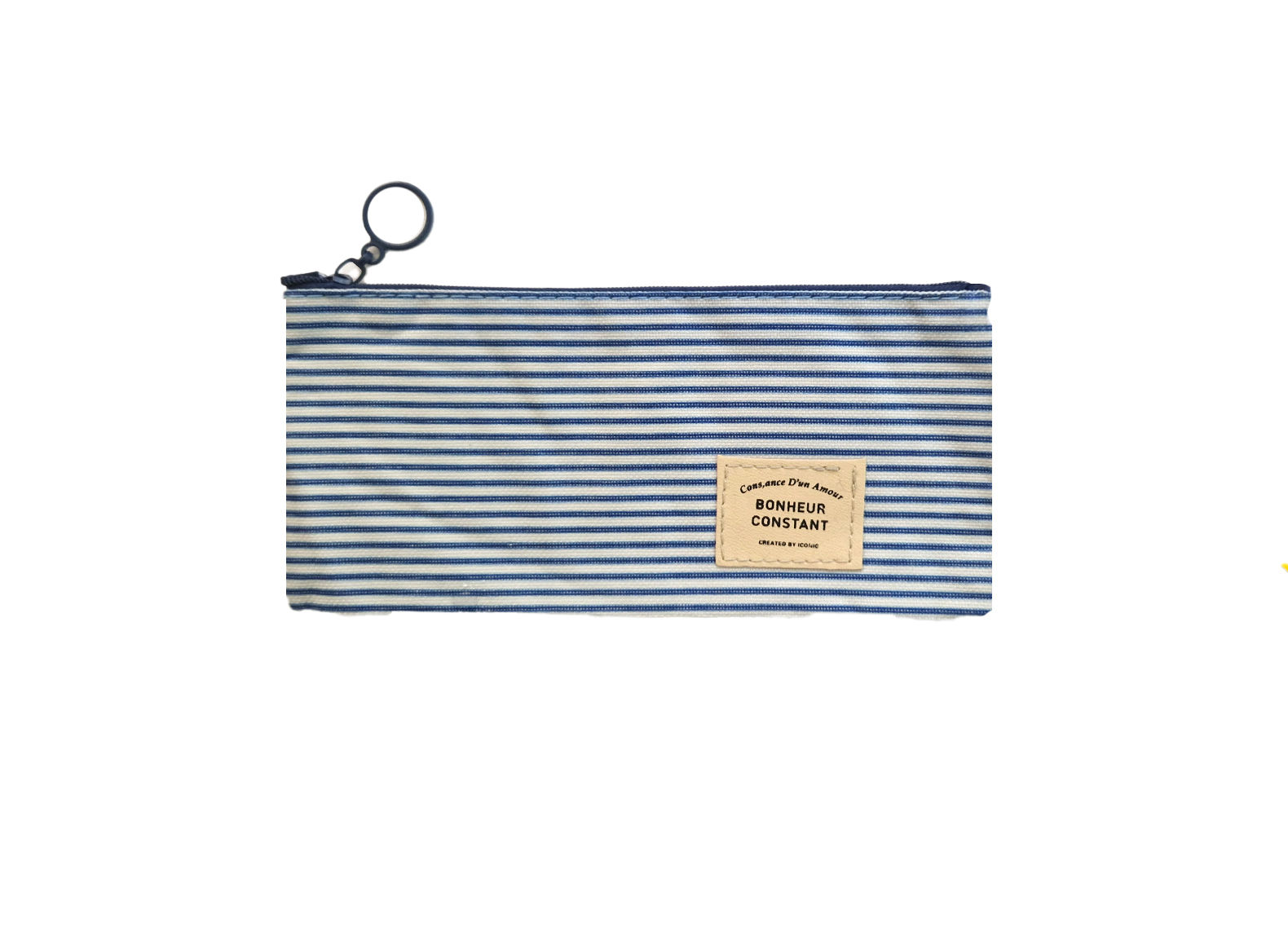 תיק עפרונות עם פסים כחולים לבנים, המכיל טקסט אנגלי, Mokile Art.