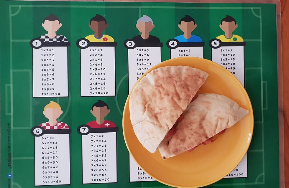 תמונה ממוזערת: ספורטיבי פלייסמט מערכת שעות מעוצב, פיצה על צלחת בצהוב, רקע ירוק שטוח, Mokile Art