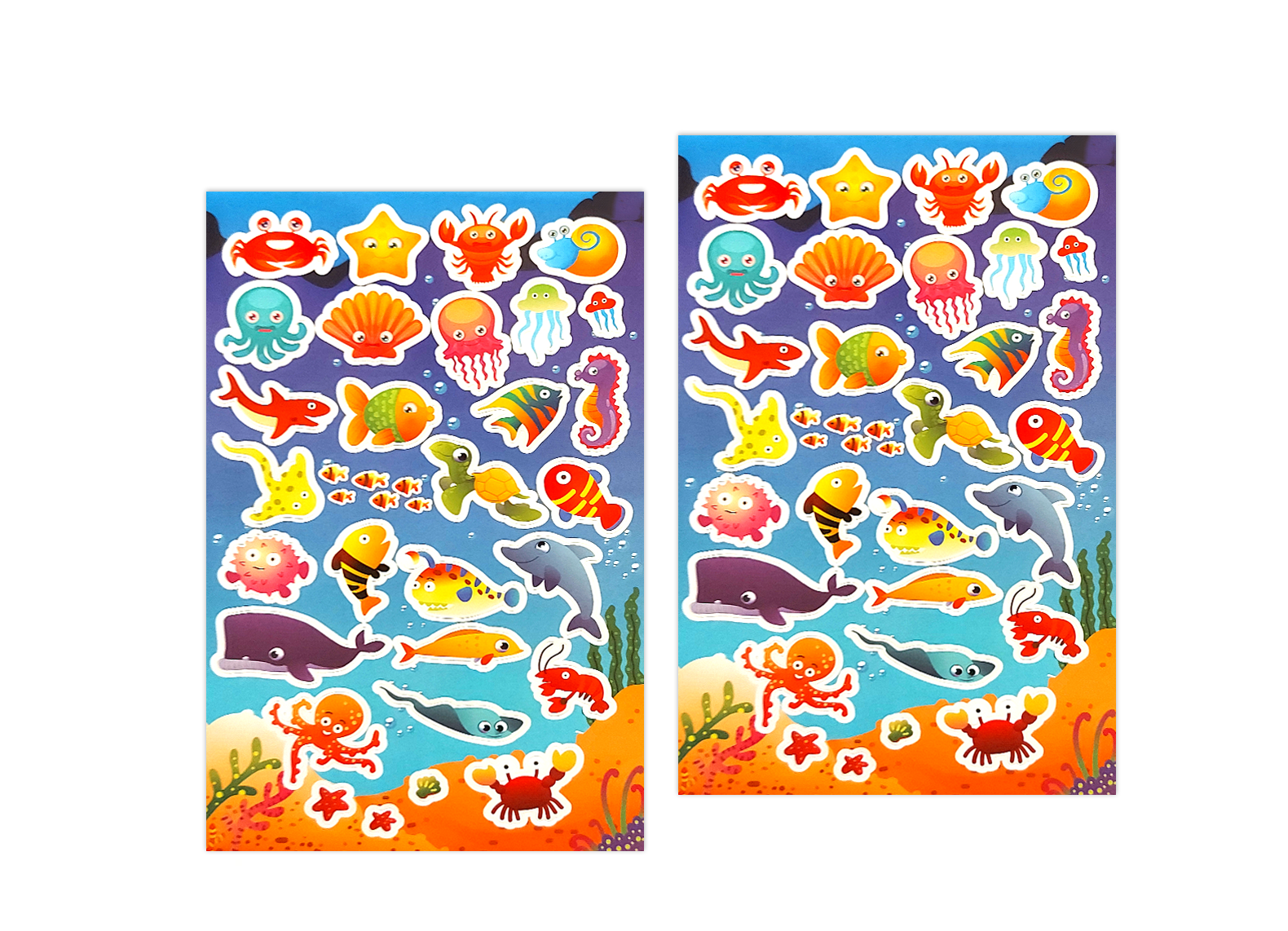 דפי מדבקות עם דמויות של דגים וחיות ים, רקע כחול וכתום. Mokile Art