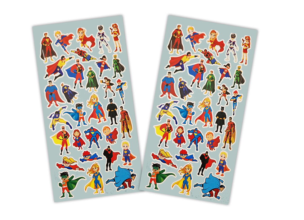 דפי מדבקות גיבורי על צבעוניים. גיבורים במדי תלבושות שונות, מעופפים ומציגים כוח. Mokile Art