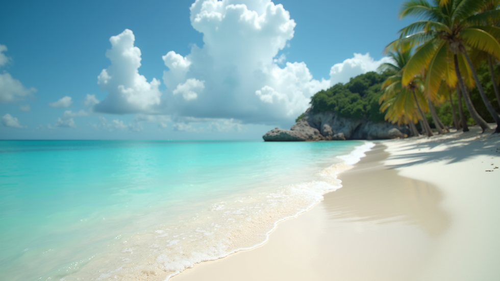 Eye-level view of a white sandy beach with turquoise water in the Caribbean