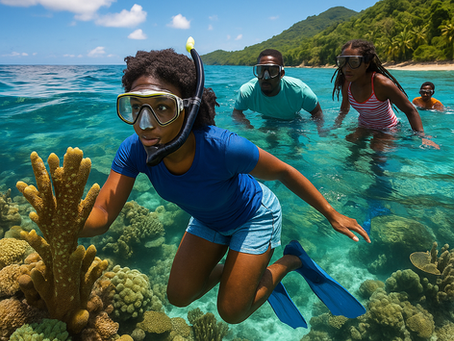 African American family enjoying snorkeling in the Caribbean Sea