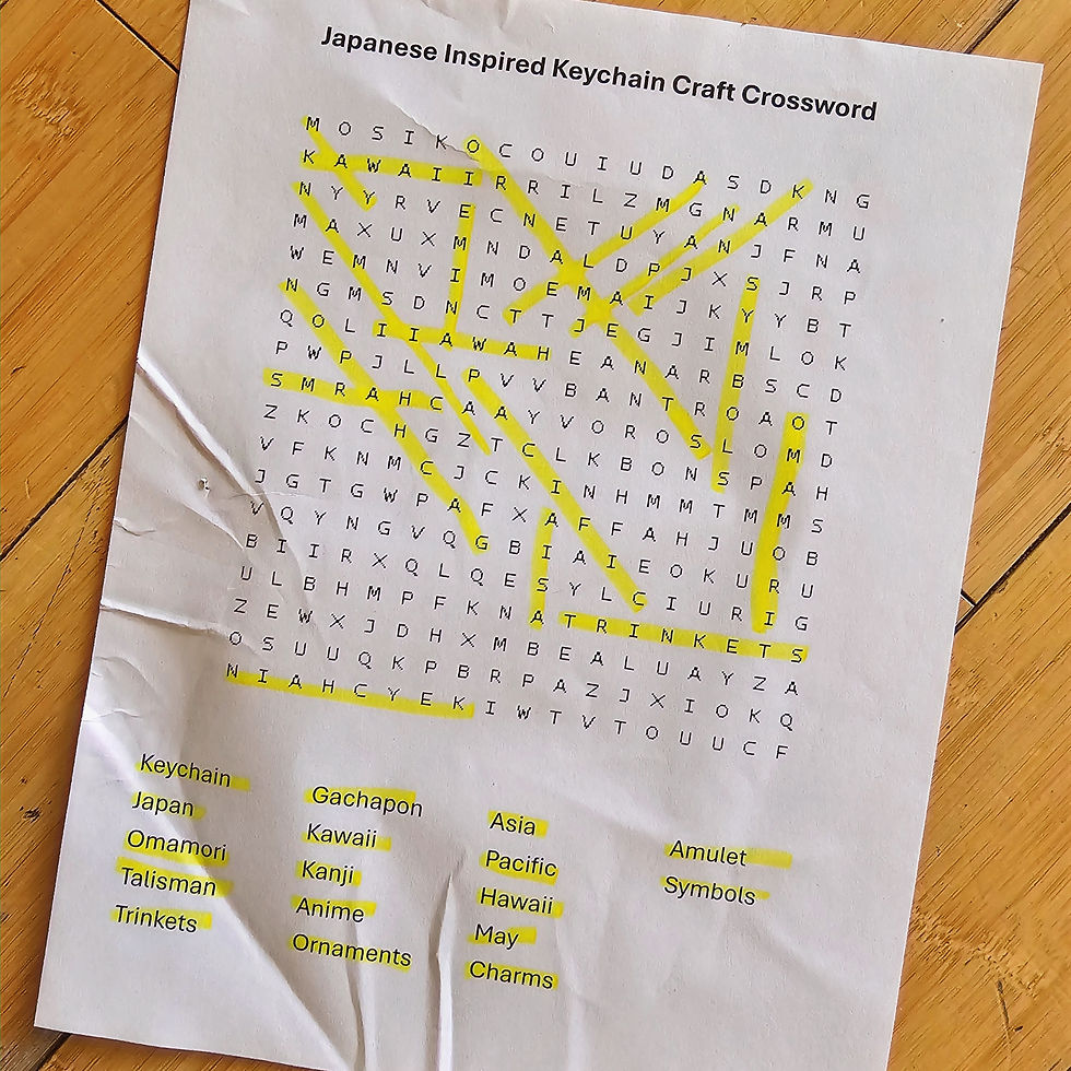 My completed "Japanese Inspired Keychain Craft Crossword," in case Jasmine ever finishes hers and needs the answer key.