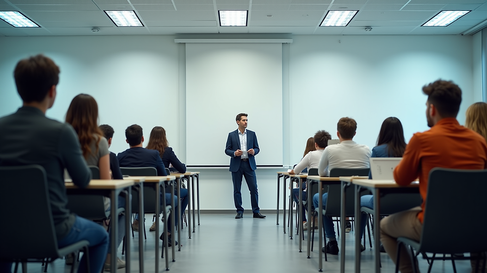 Eye-level view of a modern classroom with students attending a vocational training course