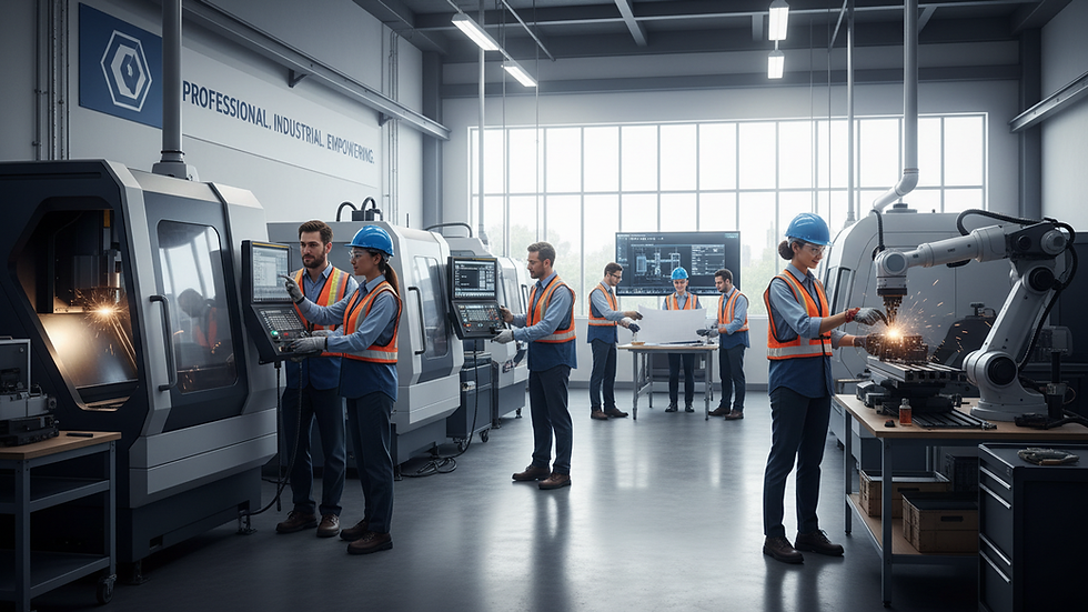 Eye-level view of industrial training workshop with machinery