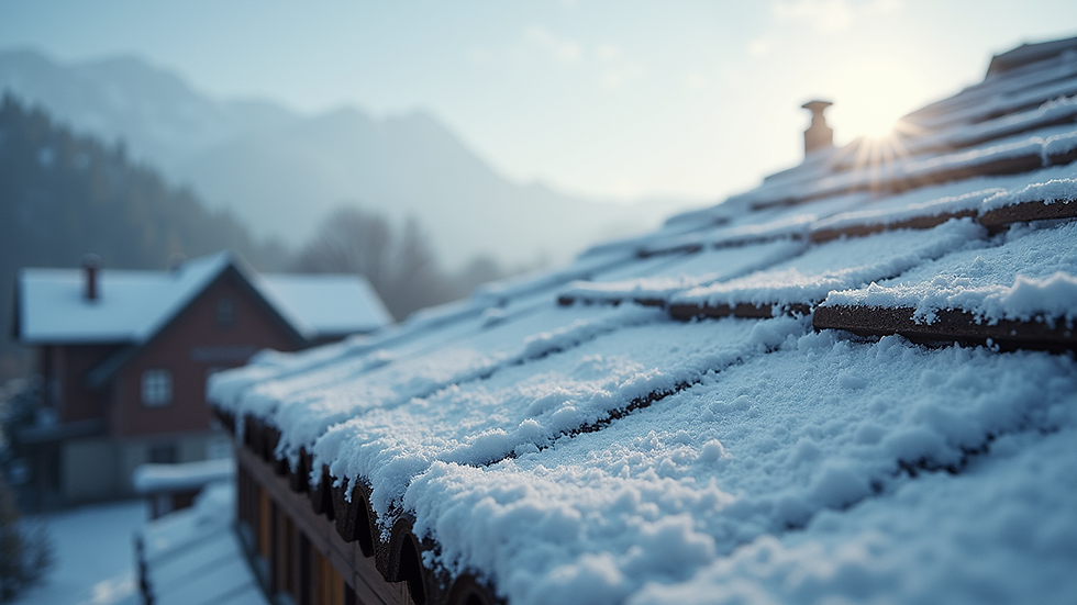 Eye-level view of a well-maintained roof with snow on the peaks