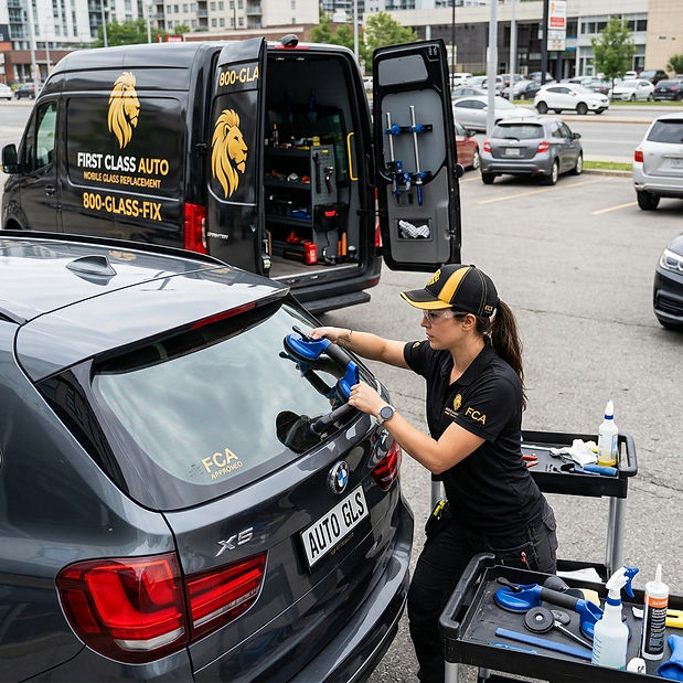 mobile back glass vehicle replacement with technician wearing back and gold company brandi