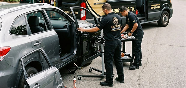 mobile vehicle side door replacement black and gold with lion logo first class auto glass.