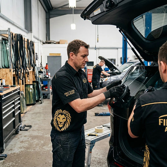 back glass replacement in a vehicle with black and gold technician company branded shirt f