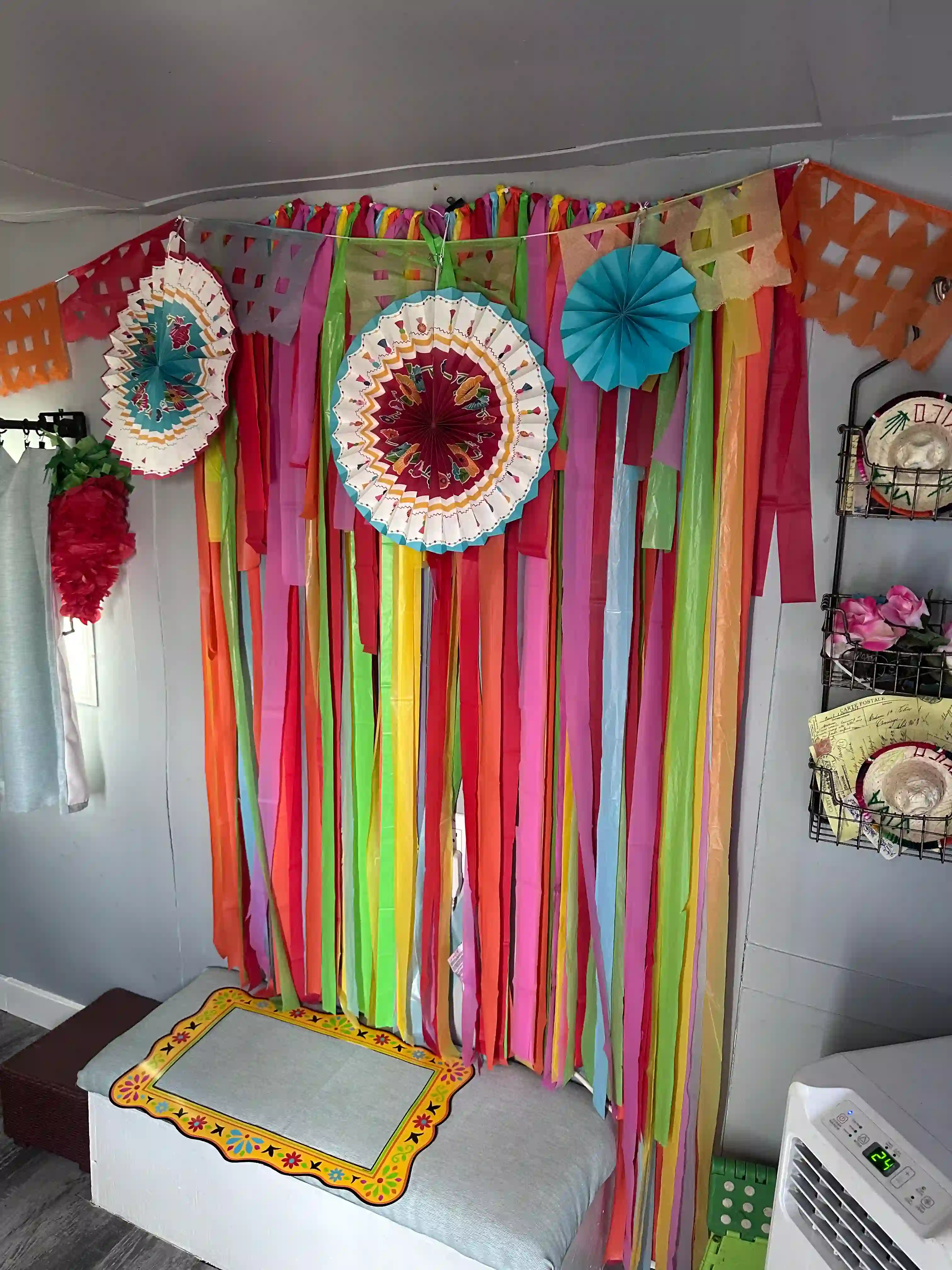 Colourful wall inside Camper Photo Booth for the Fiesta theme
