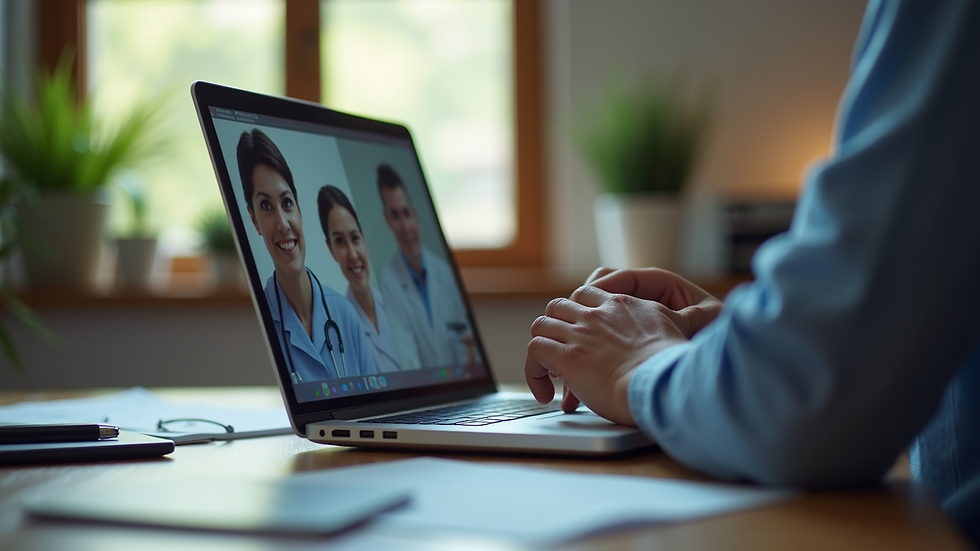 Eye-level view of a laptop on a desk with a telepsychiatry session in progress
