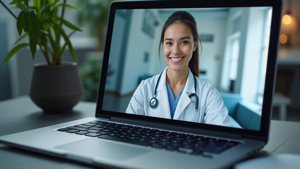 Close-up view of a laptop screen displaying a telemedicine session