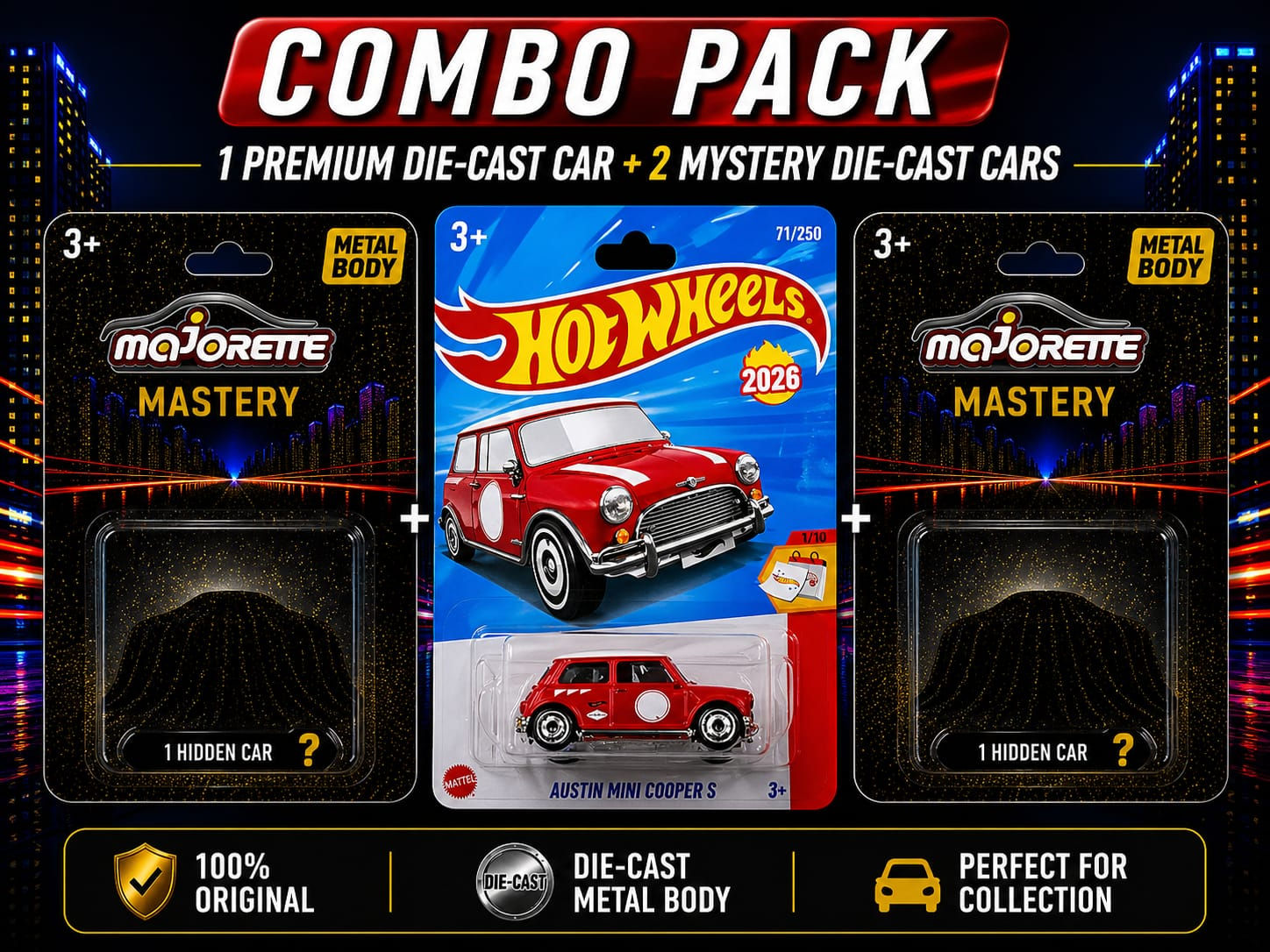 Hot Wheels Austin Mini Cooper S with 2 Majorette Mystery Cars Combo of 3