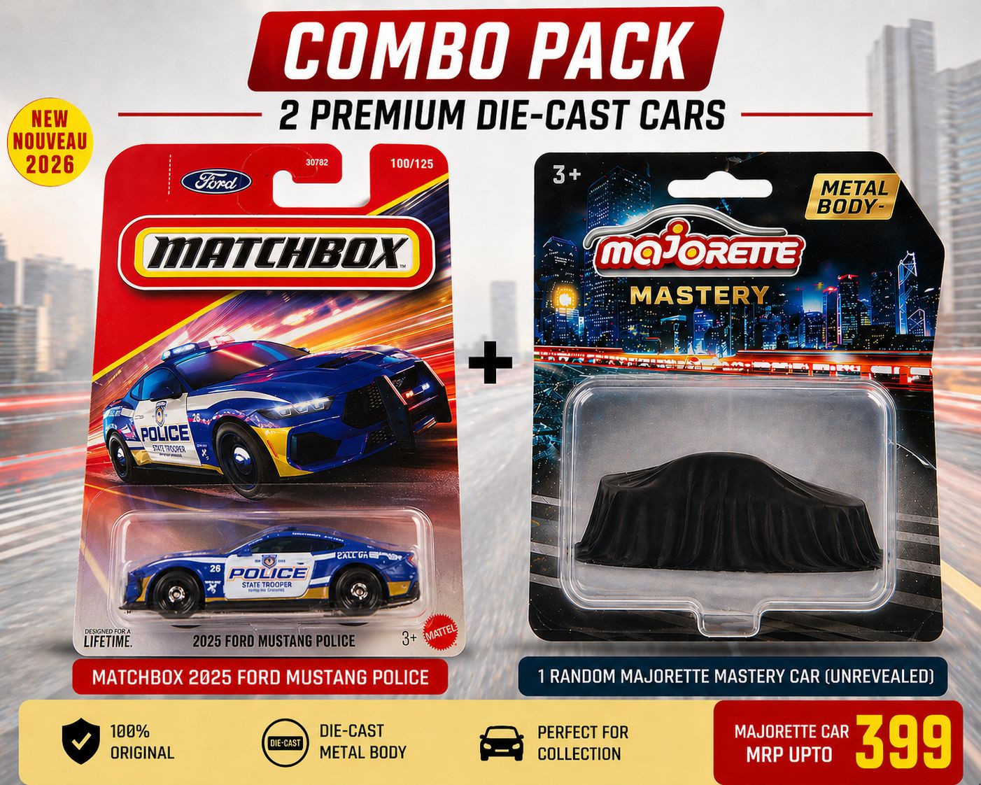 Matchbox 2025 Ford Mustang Police + Majorette Mystery Car Combo Pack (2026 Editi