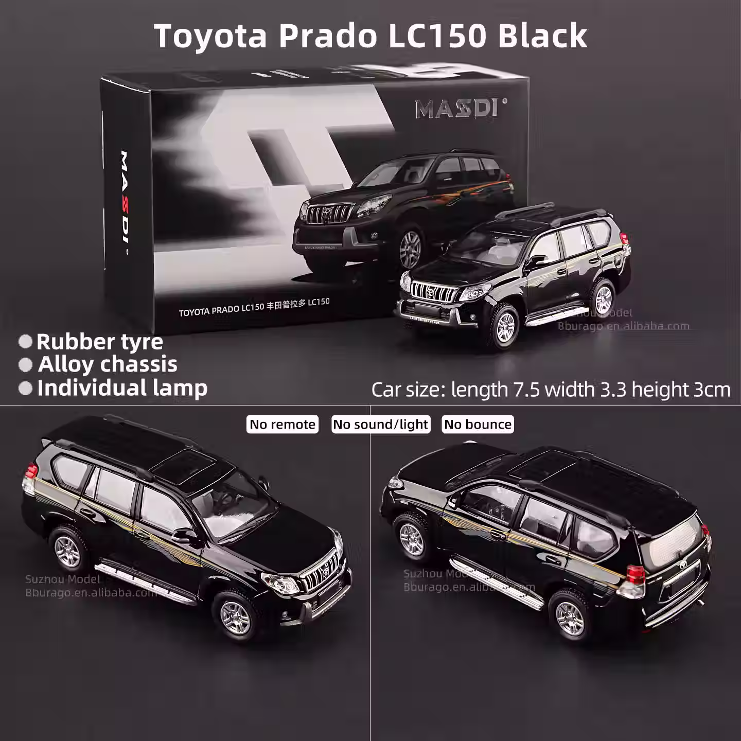 (PRE-ORDER) Massdi Toyota Prado LC150 – Black 1:64 Premium Diecast Car Model
