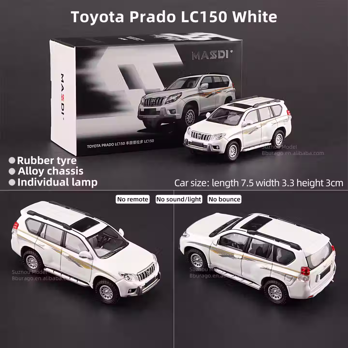 (PRE-ORDER) Massdi Toyota Prado LC150 – WHITE 1:64 Premium Diecast Car Model