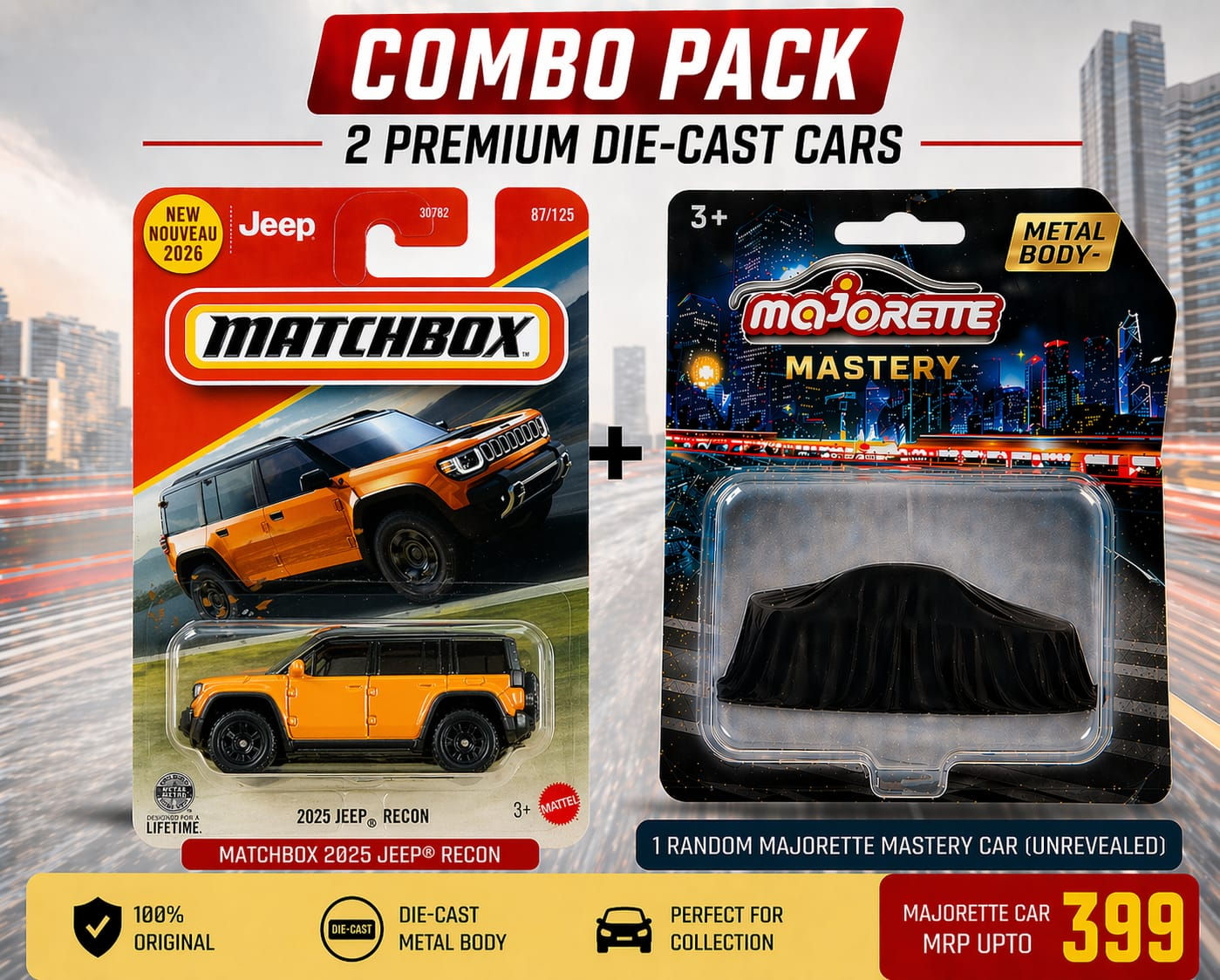Matchbox 2025 Jeep Recon + Majorette Mystery Car Combo Pack (2 Premium Die-Cast