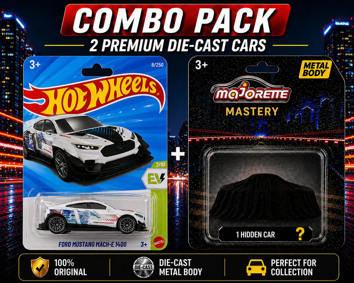 Hot Wheels Ford Mustang Mach-E 1400 + Majorette Mystery Ca 1:64 Combo Pack
