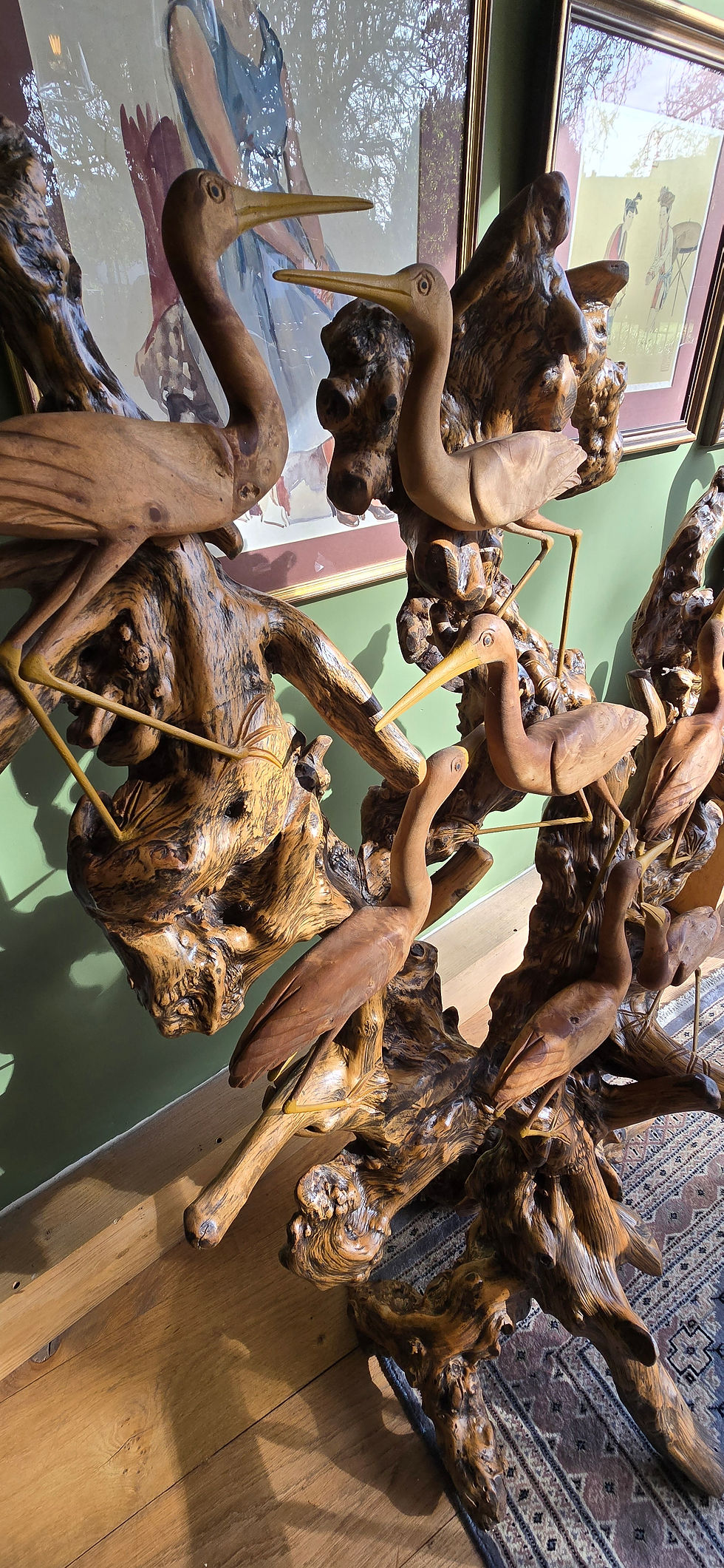 Thumbnail: A Stunning Large Vintage Oriental Carved Burl Root Wood Sculpture With Cranes