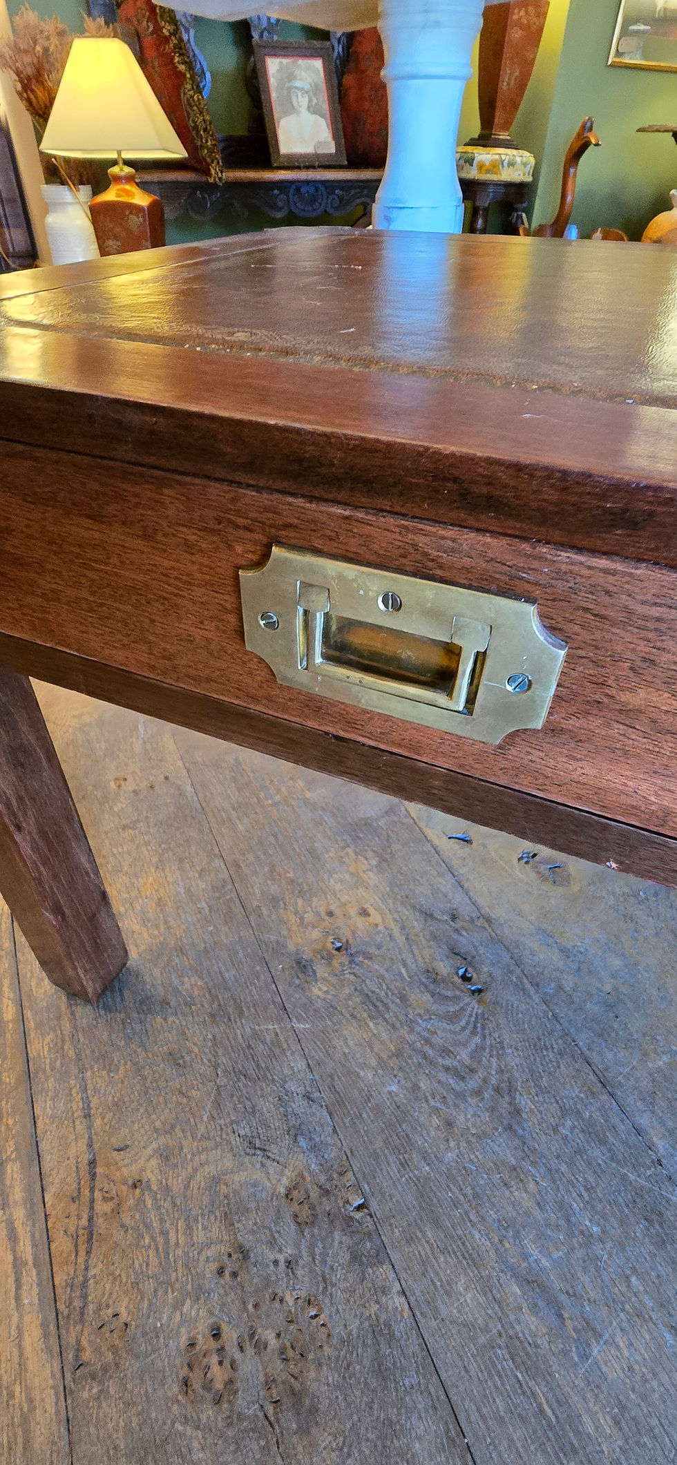 Thumbnail: Vintage Solid Mahogany Campaign Style Coffee Table Leather Top Brass Fittings