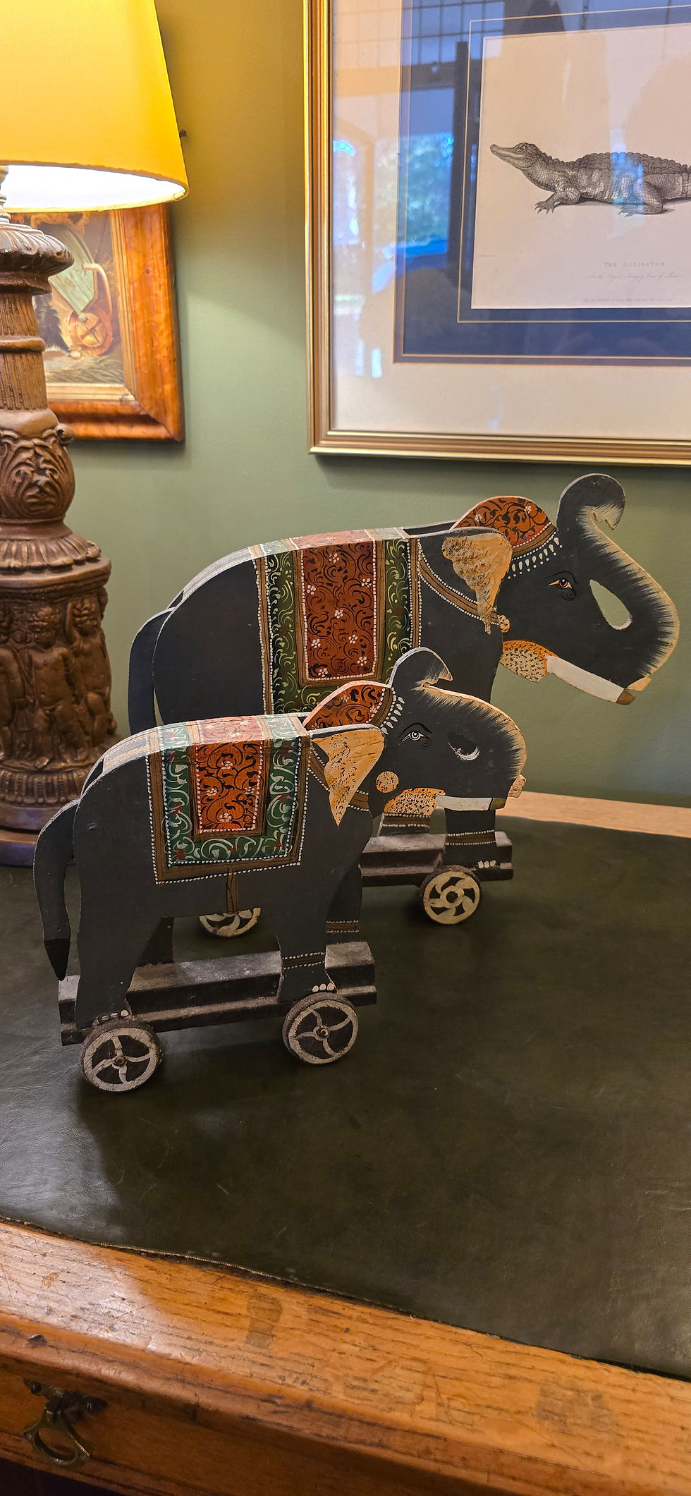 Thumbnail: A Pair Of Vintage Handmade And Painted Indian Elephants Pull Along Toys