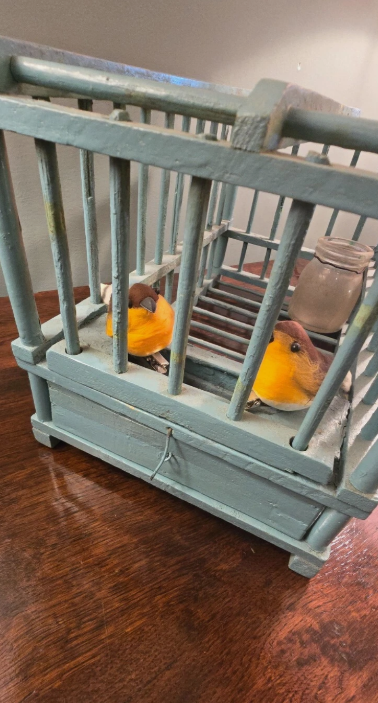 Thumbnail: Vintage Mid 20th Century Handmade Wooden Bird / Finch Cage Painted