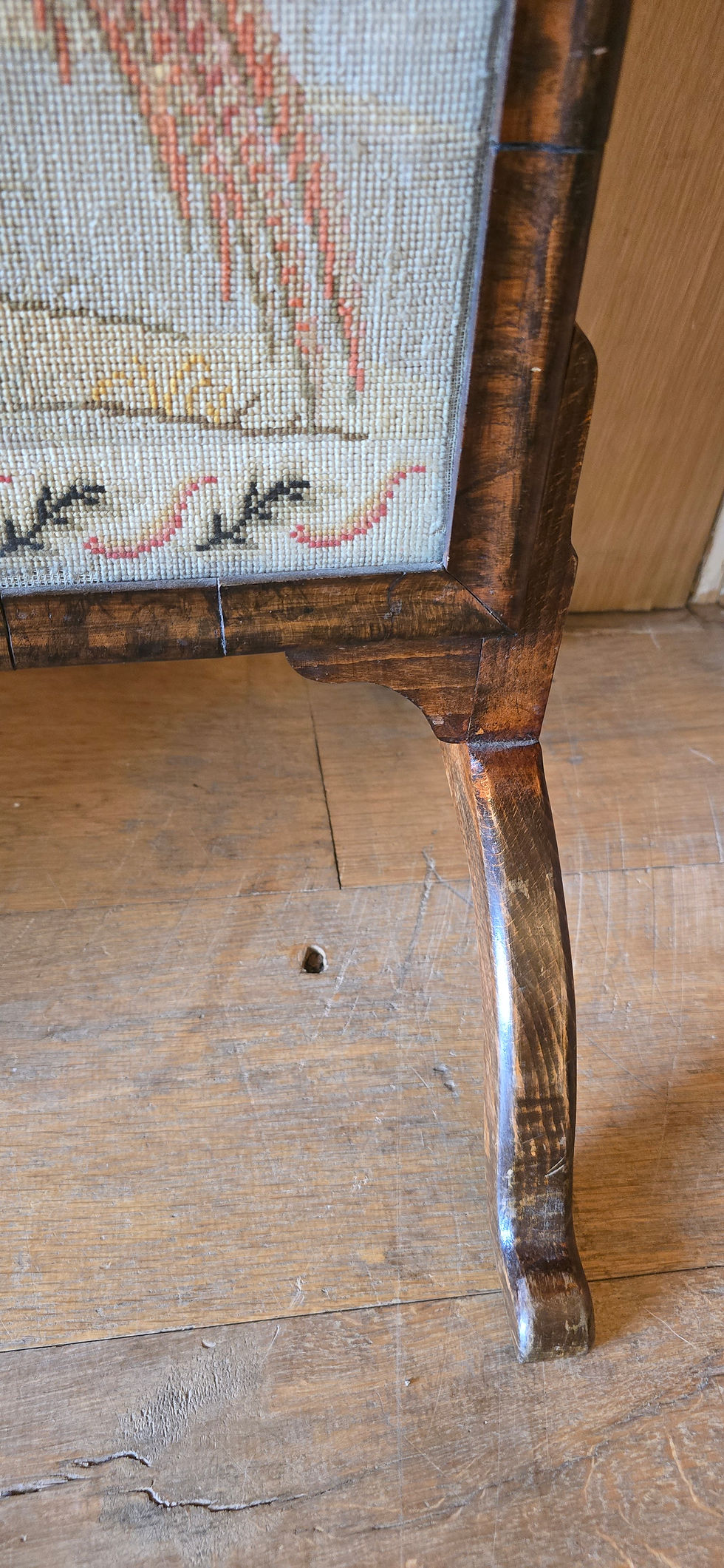 Thumbnail: Antique Victorian Embroidered Tapestry Glazed Fire Screen Mahogany Frame Oak Leg