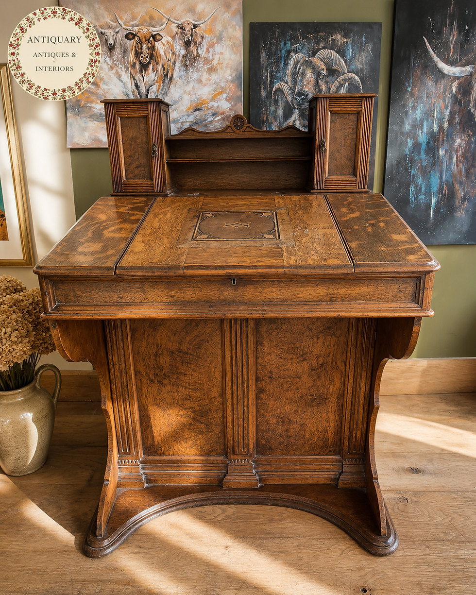 Thumbnail: Large Antique Victorian Art Nouveau Oak And Walnut Inlaid Davenport Desk
