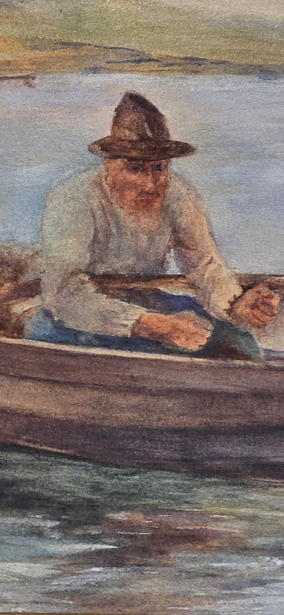 Thumbnail: Antique Watercolour Painting Of A Fisherman And Boat On A Lake Signed Dated 1920