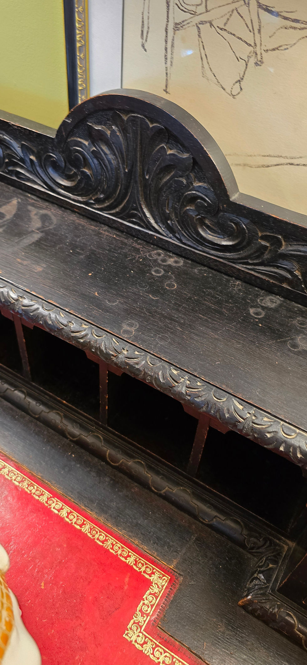 Thumbnail: Antique Victorian Solid Oak Carved Green Man Dickens Desk Ebonised Large, Heavy